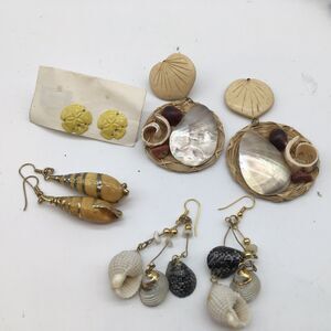 Lot Natural  Seashell Earrings Embellished Gold Tone Enamel Wicker 4 Sets READ